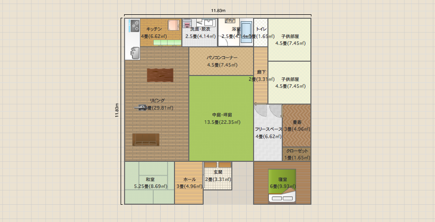 中庭のある平屋南和室正方形