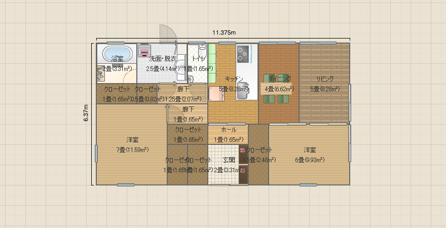 21.8坪　平屋　真ん中玄関 左上サニタリー