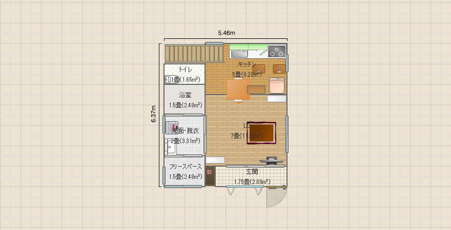 土間のある小さな家（階段はL字でトイレの天井高を考慮し設置、子供部屋は初め１部屋で繋げて利用、フリースペースは室内物干し用）