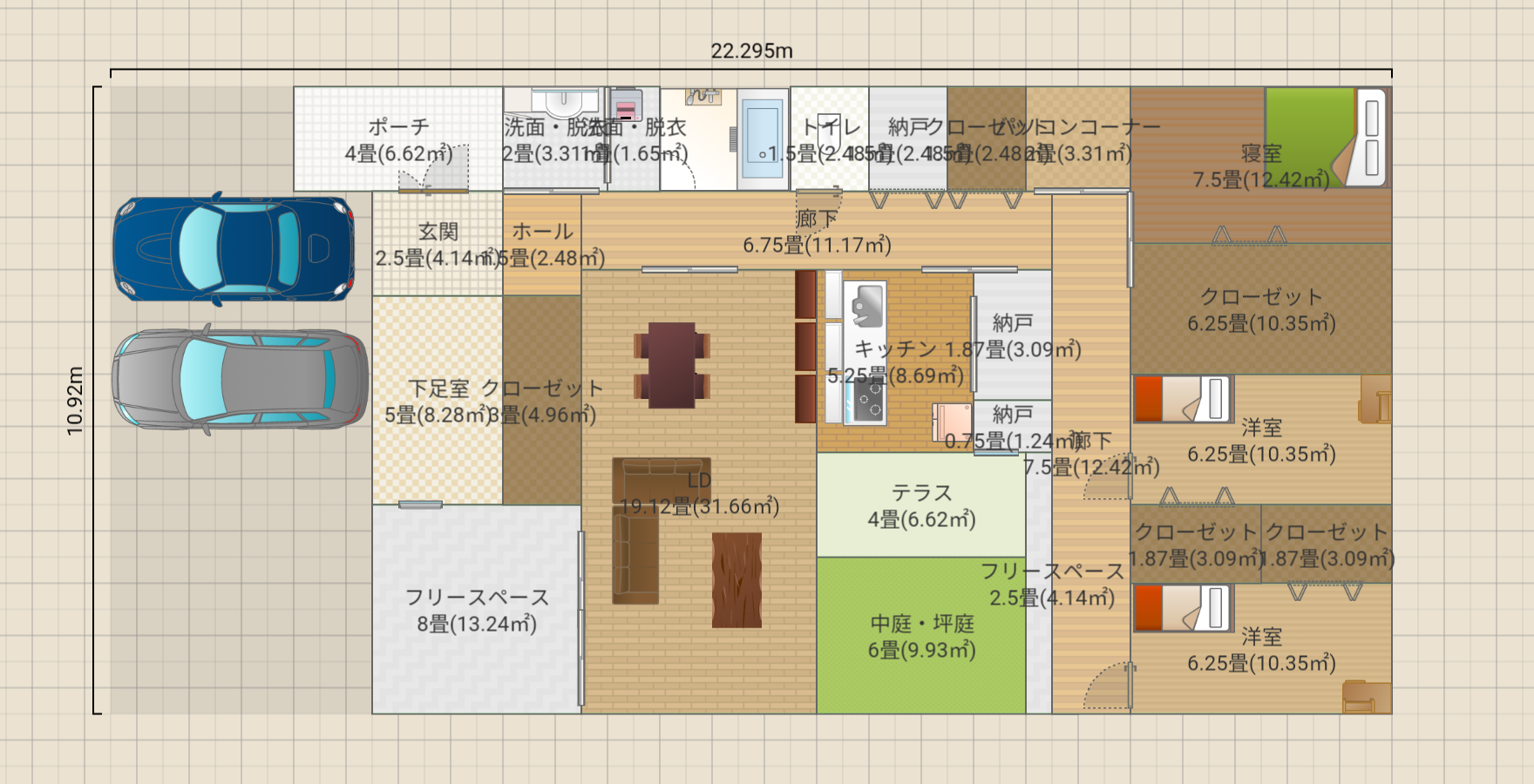 コの字平屋/洋室クローゼットは可動式