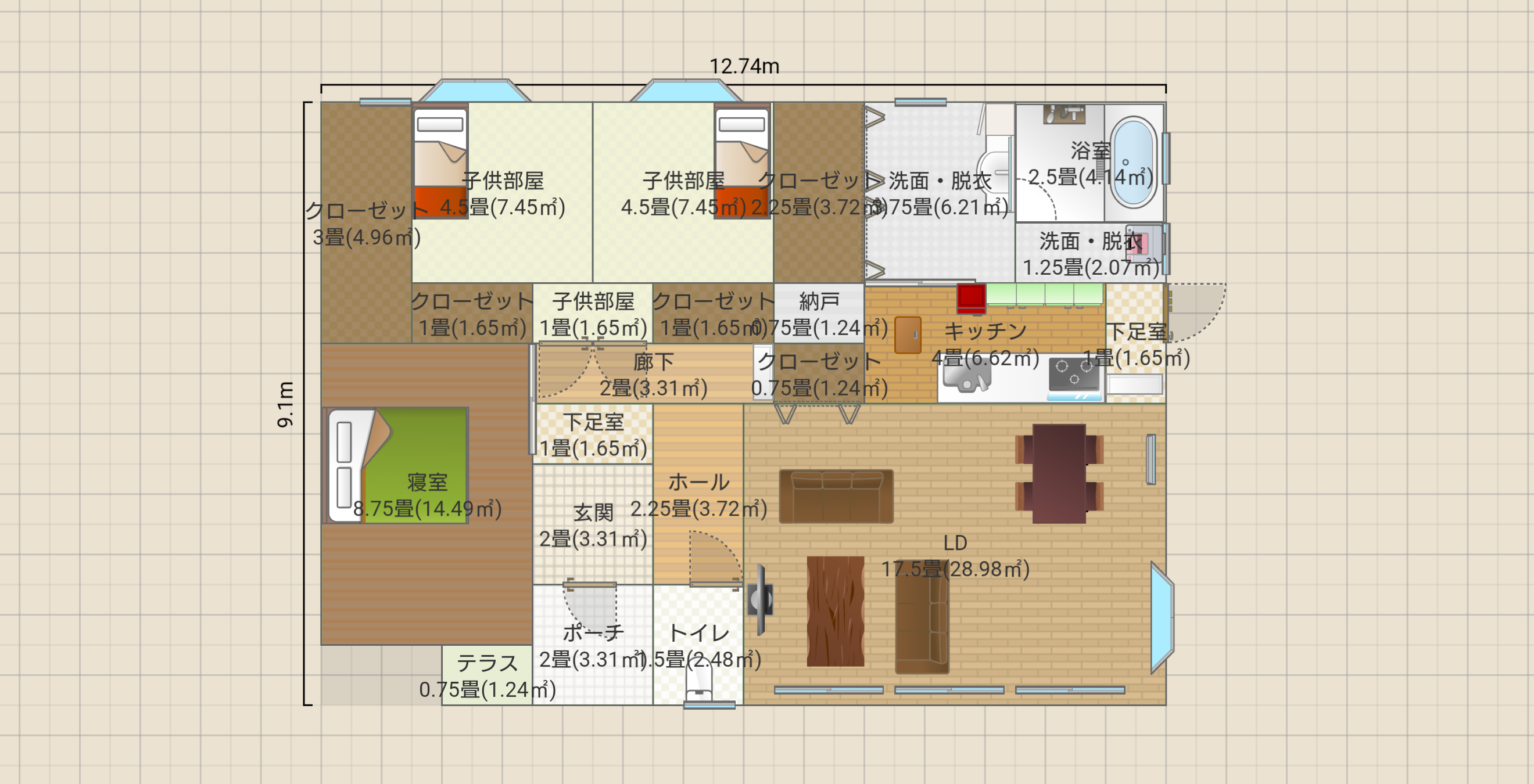 平屋3LDK屋根裏収納有35坪