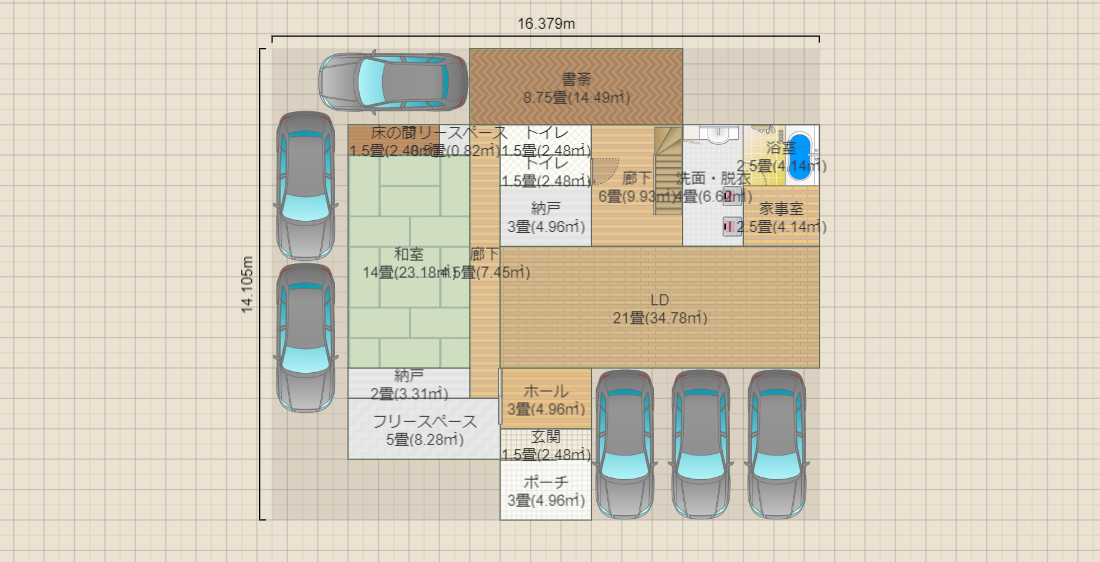 【家族4人】【ガレージ＋和室】【正方形】