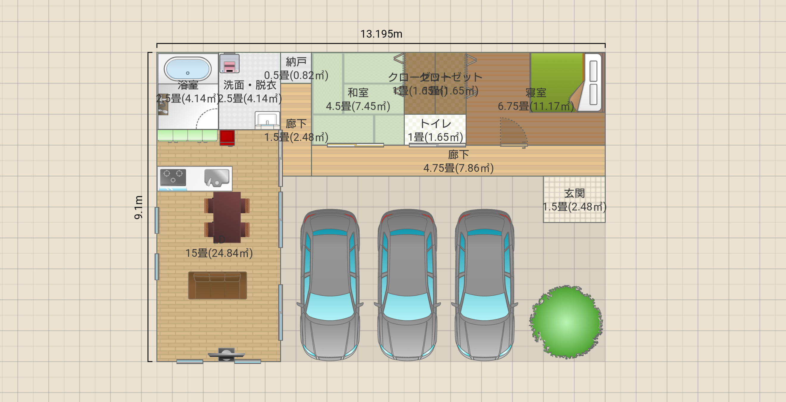 車3台駐車出来る家