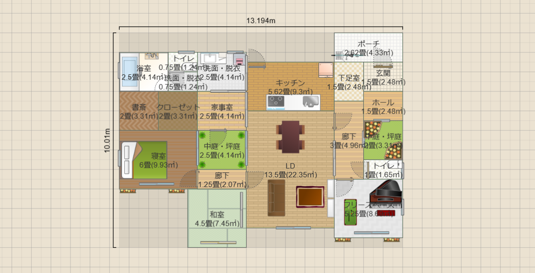 中庭2.5畳+1の平屋3LDK(19畳)(T2)13.2ｘ10　R4