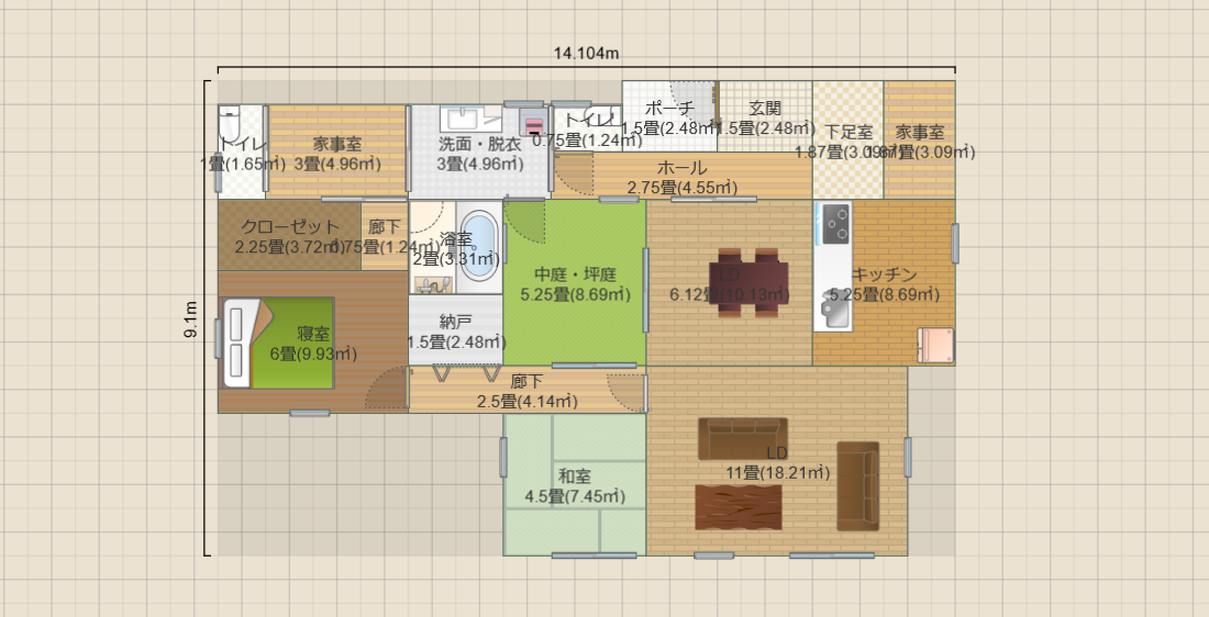 中庭5.2畳の平屋2LDK(約22畳)(T2)14.1ｘ9.1 R4.5-PGSK