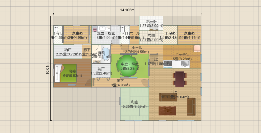 中庭5畳の平屋2LDK(約21畳)(T2)14.1ｘ10 R5-GSK-P