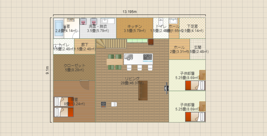 LDK28畳　玄関東　子供部屋リビング直