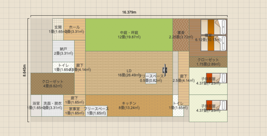 平屋＋中庭＋書斎(3LDK)