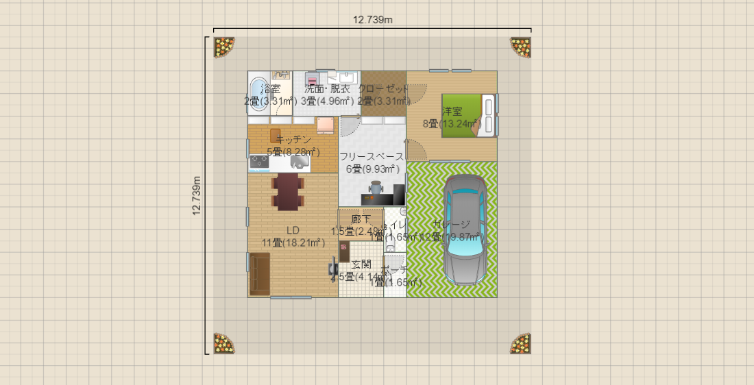 1LDK、土地50坪、平屋、オープンガレージ、南向き