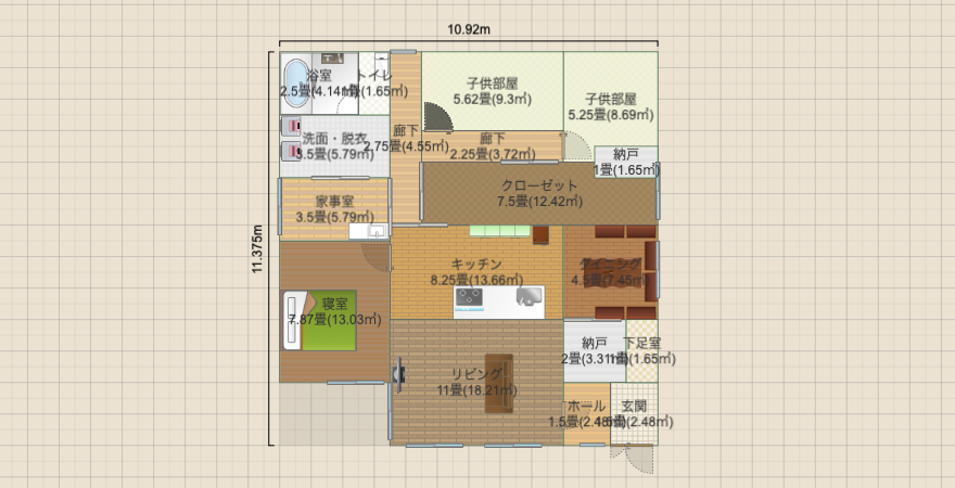 南北に長いL字平屋（L字LDK・風呂北西）