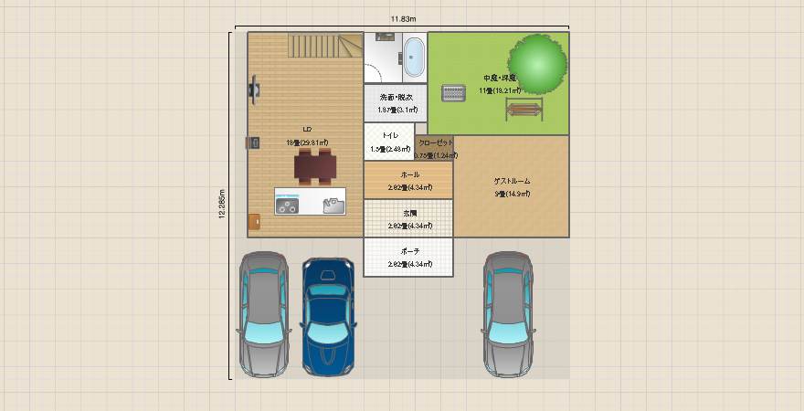 中庭と薪ストーブのある家