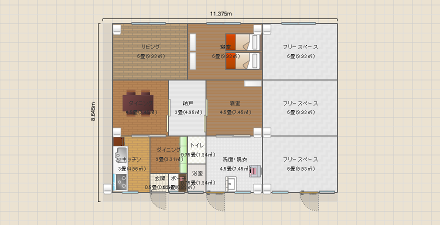 キッチン、玄関⑤風呂、トイレ②壁1or2面