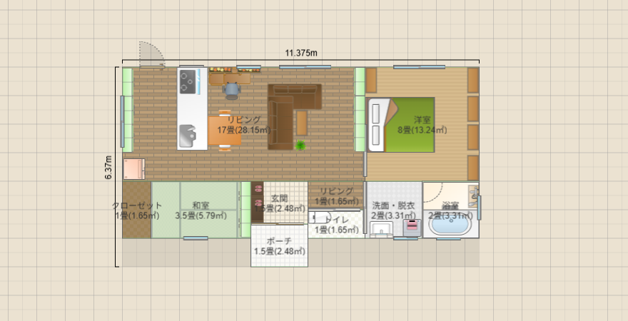 風水間取り 1~2人暮らし 北玄関19.坪