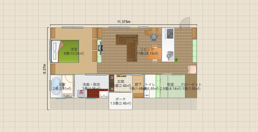 風水間取り　1～2人暮らし　北玄関19.坪